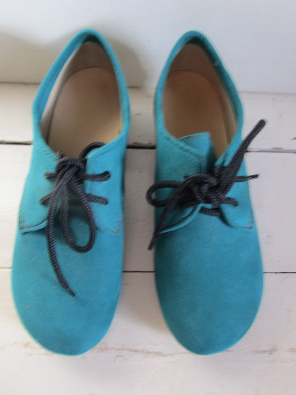 Preloved Vegan Spanish handmade teal green suede heels shoes / boots EUR 38 UK5.5